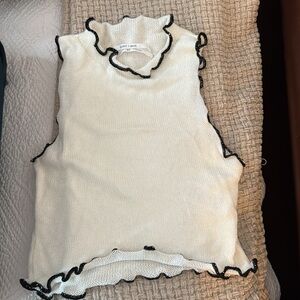 Silence + Noise White Ruffled knit tank with Black Trim